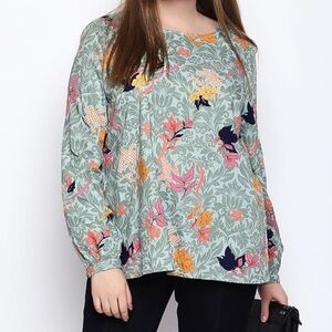 Junarose Floral Print Shirring Detail Sikira Long‎ Sleeve Blouse Top NWT